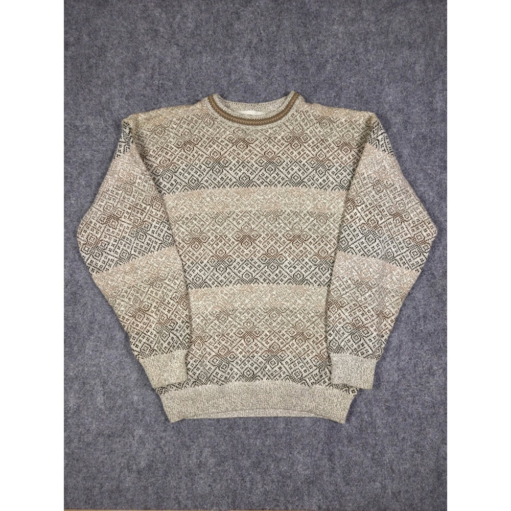 Vintage 90s Robert Stock Cotton Knit Sweater Mens L Tan Brown Fair Isle Nordic